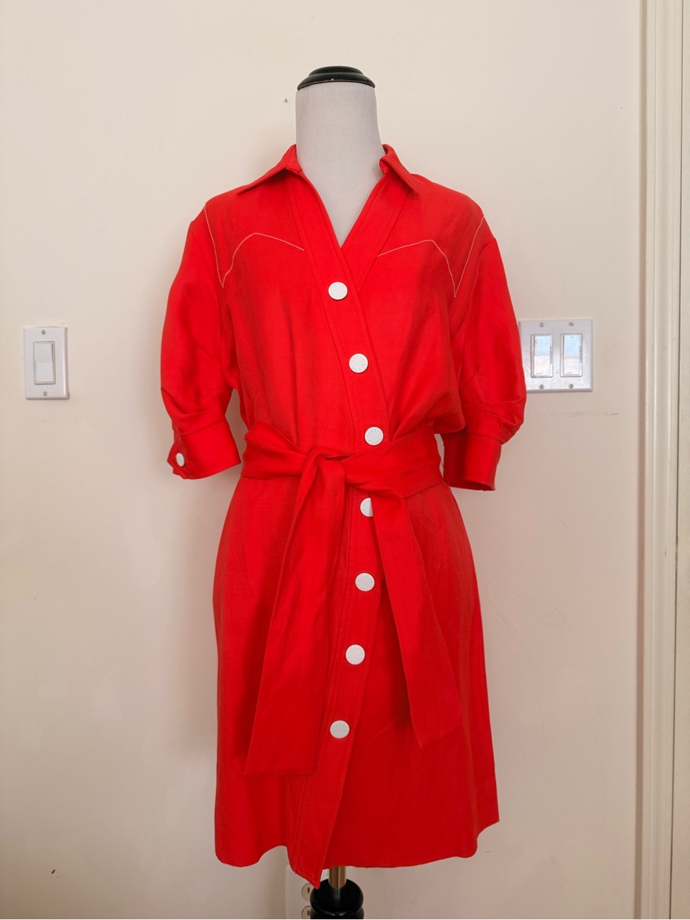 Sandro Bright Red Midi Shirt Dress with Self-Tie Belt